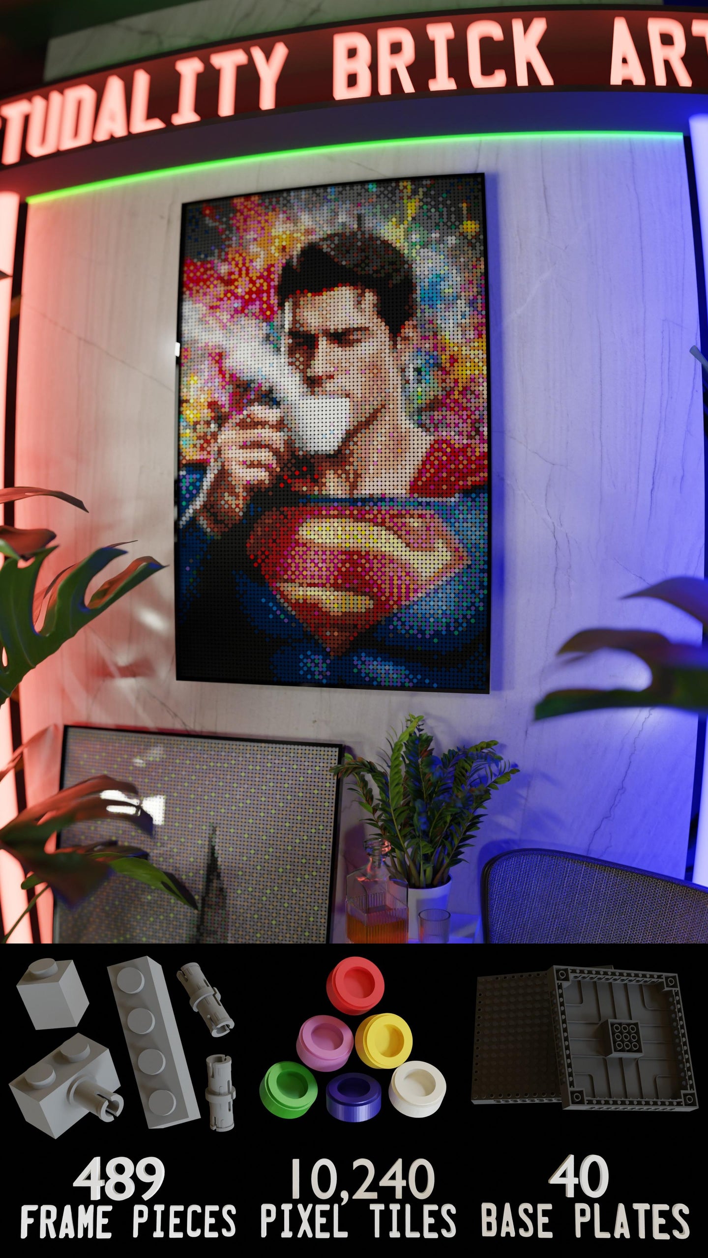 Superman LEGO® Style mosaic wall art made from colorful plastic bricks
